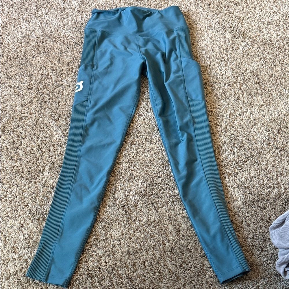 Peloton Womens Teal Blue Ribbed Side Pocket Athletic Leggings Size Small